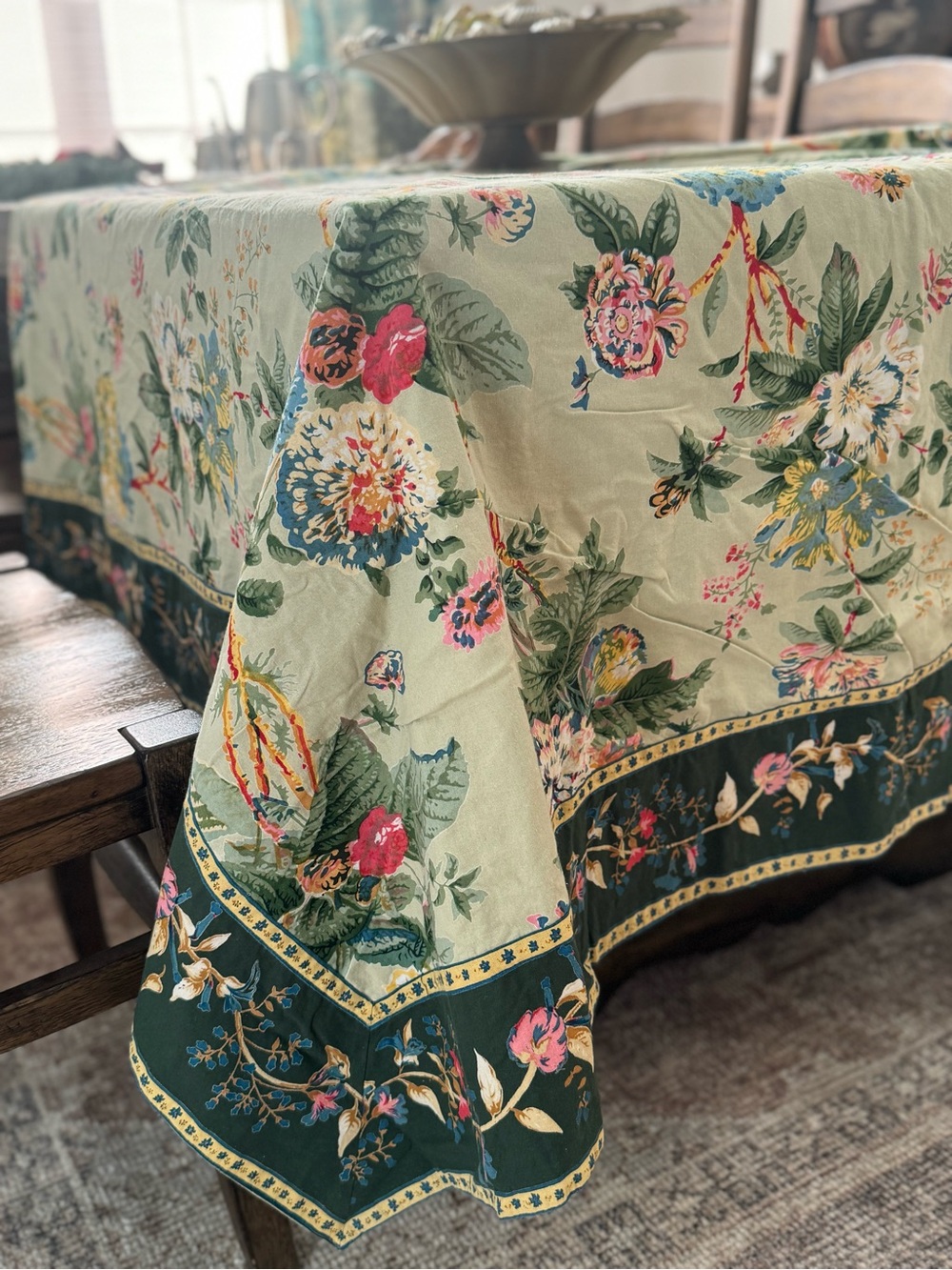 The Company Store | Floral Green Cotton Tablecloth with Dark Green Border
